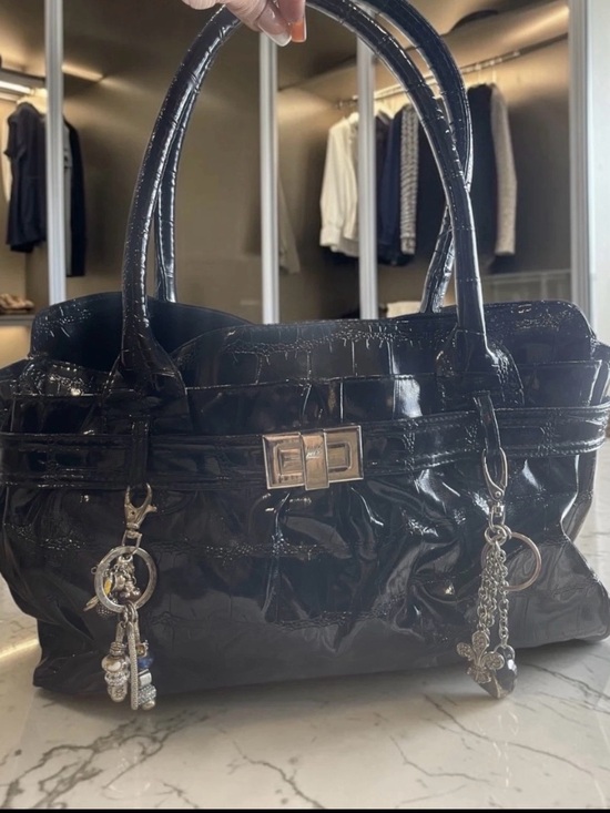 Kathy Van Zeeland Handbags - Kathy Van Zeeland Black Patent Shoulder Bag with Silver Hardware